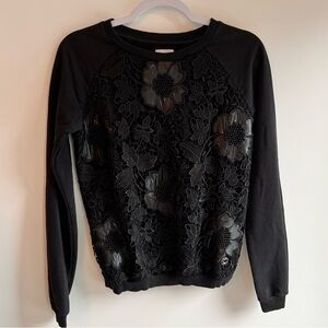 MAISON ESPIN | Black Floral Lace Front Sweatshirt